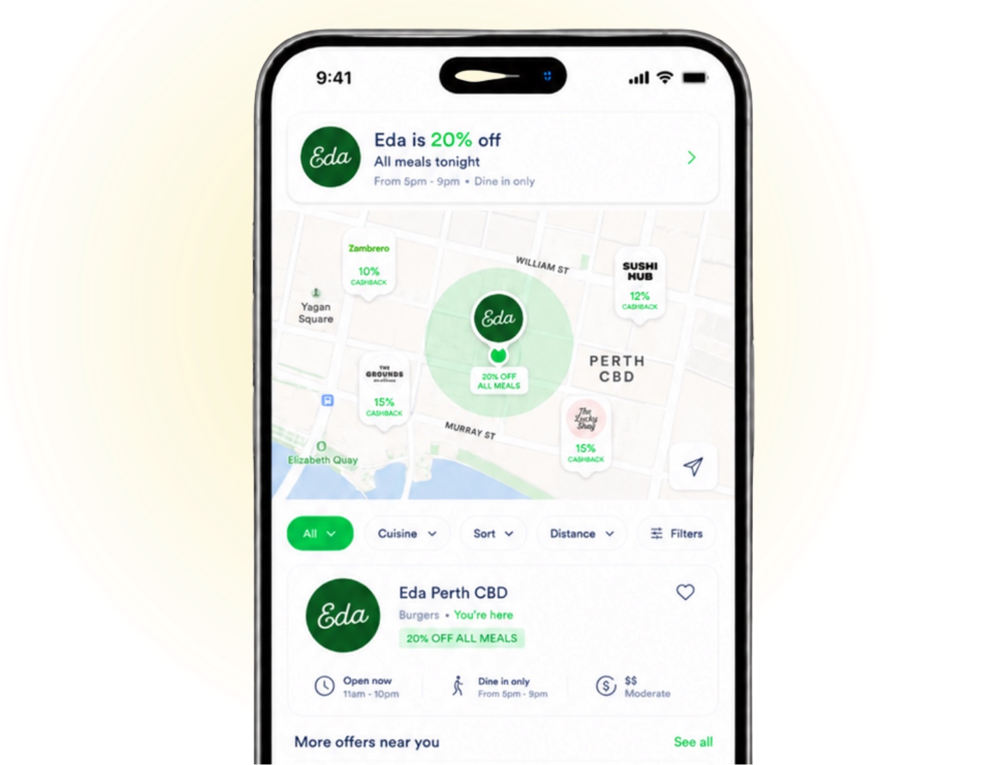 PS Rewards app showing nearby restaurant offers on a map of Perth CBD