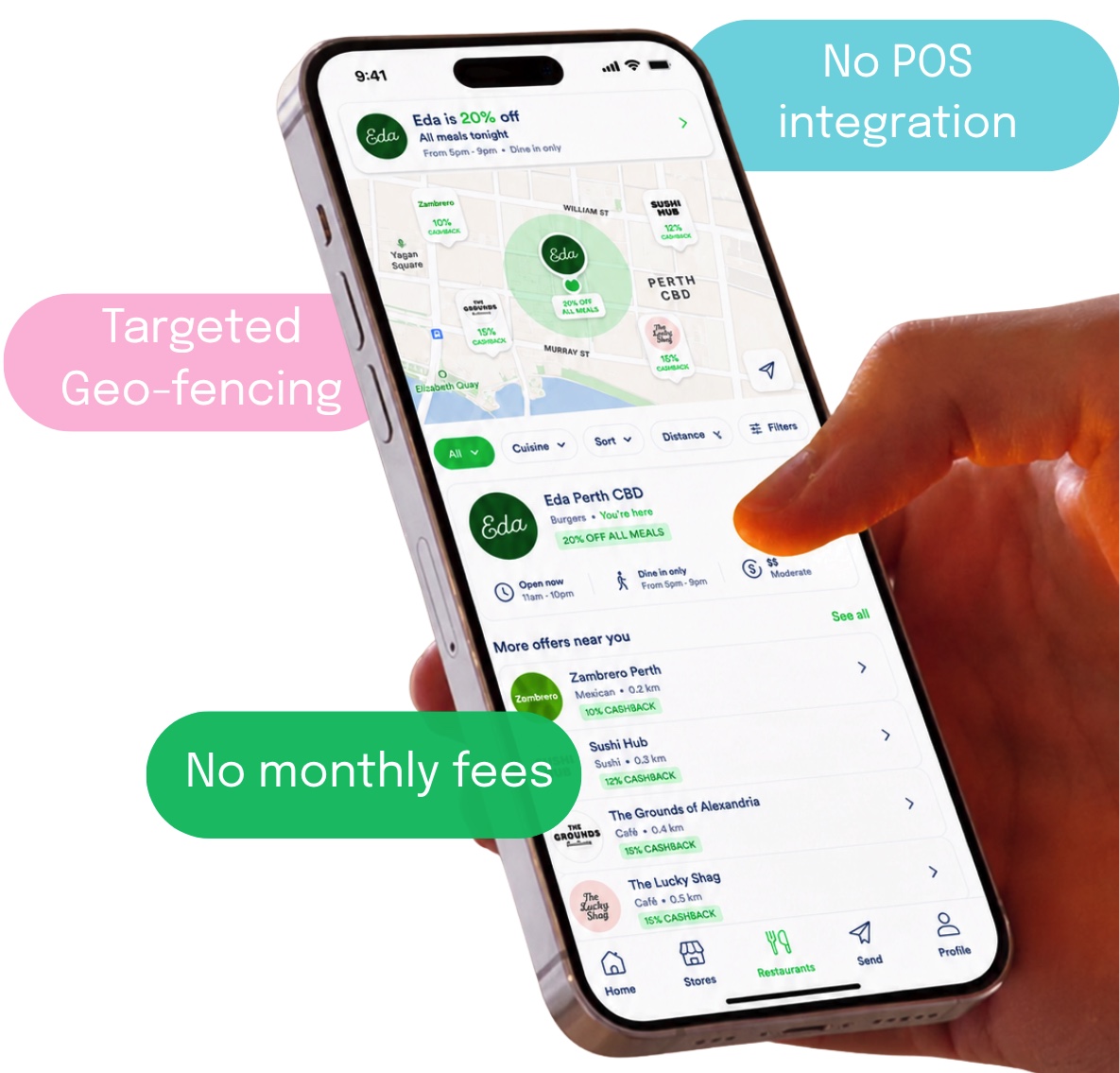 Hand holding a phone with PS Rewards restaurant offers — no POS integration, targeted geo-fencing, no monthly fees